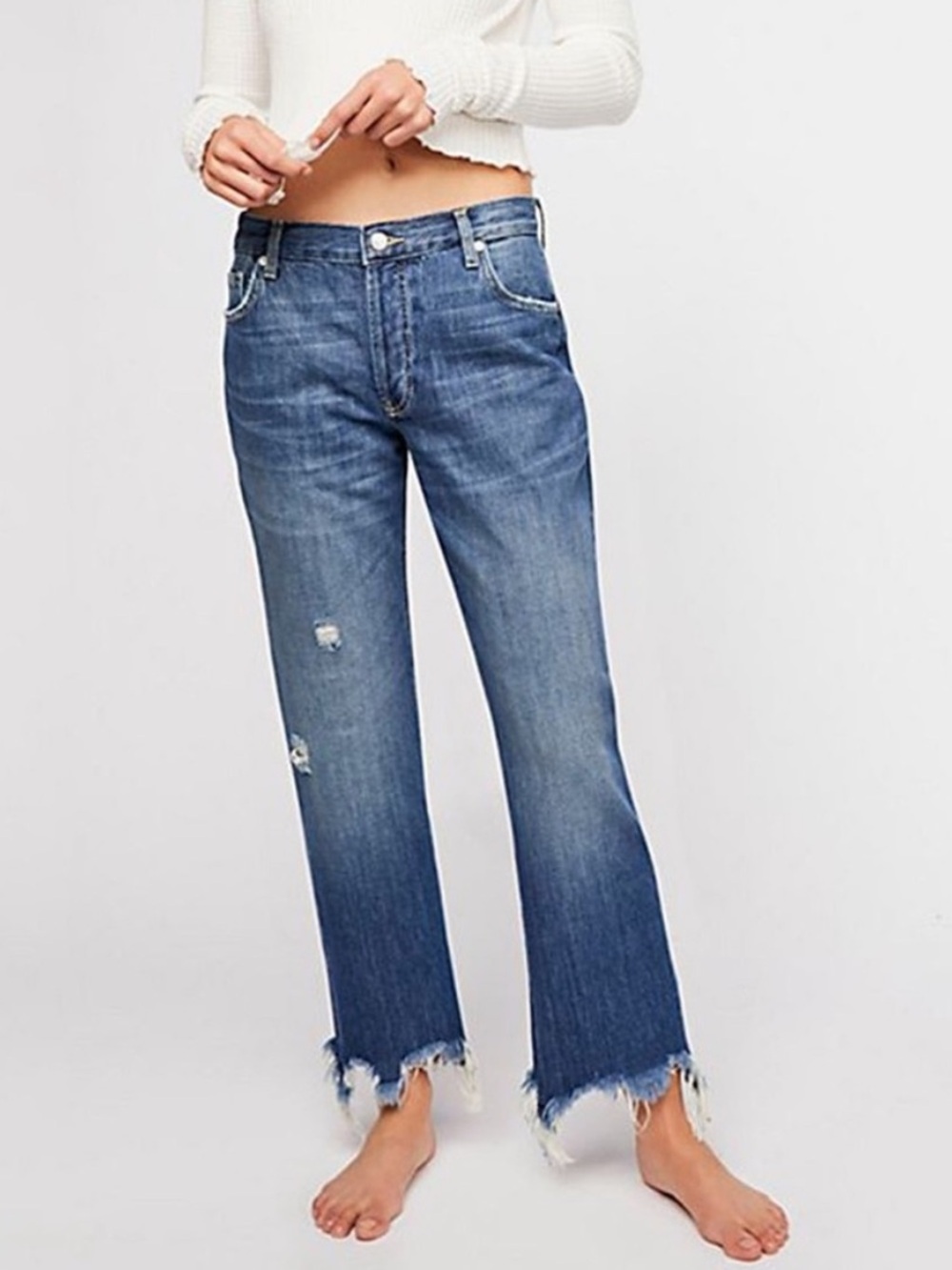 Free People Maggie Mid-Rise Distressed Button-Fly Jeans Straight Leg Size 28